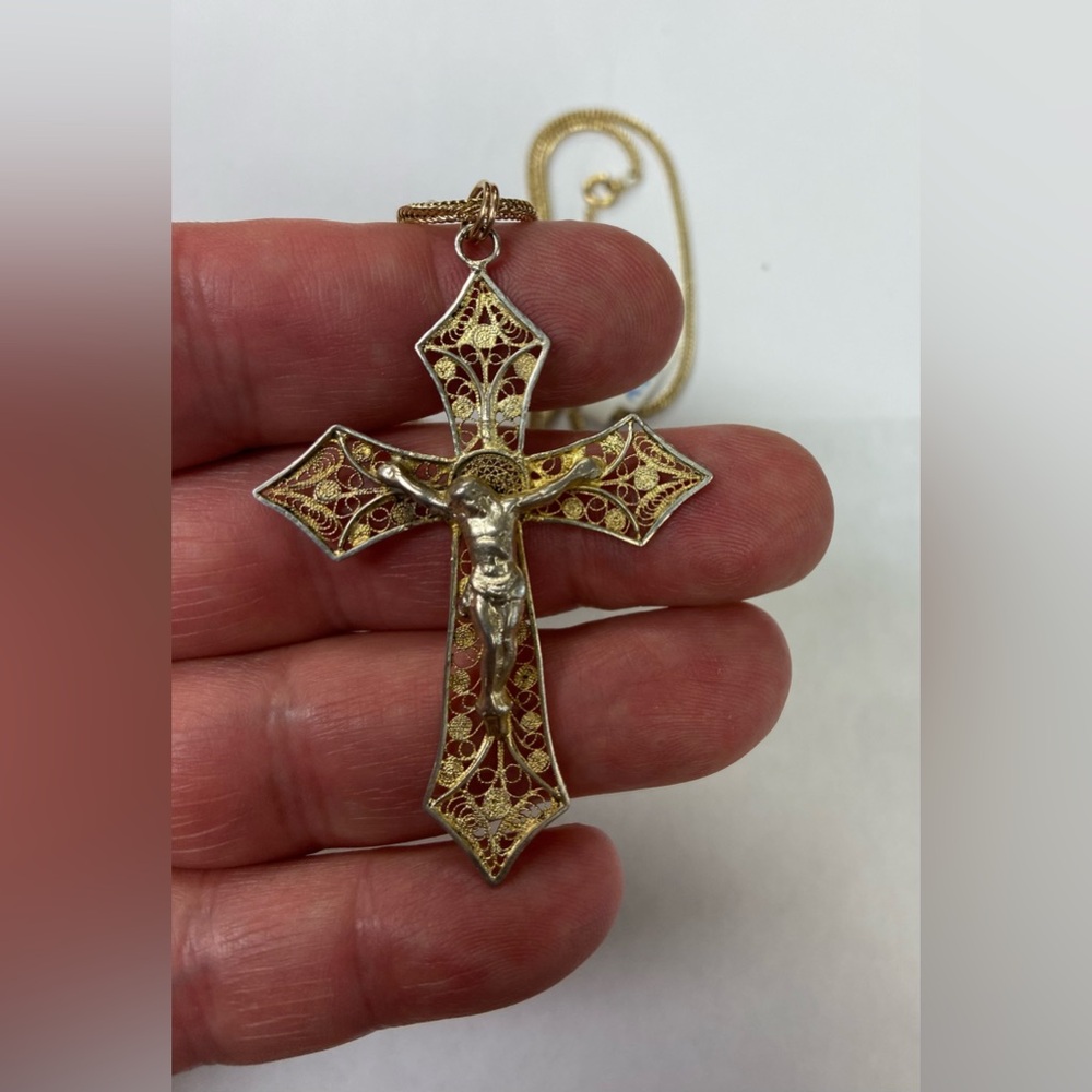 19 CENTURY AMAZING ANTIQUE GOLD OVER SILVER 800 CROSS PENDANT WITH CHAIN